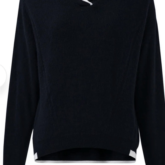 Chic 100% Cashmere Black V-Neck Sweater with White Trim - Picture 4 of 8